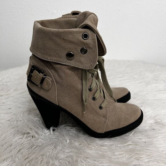 Aldo Beige Green Lace Up Heeled Ankle Boots Canvas Foldover Size 39 EU 8.5 US - Picture 12 of 12